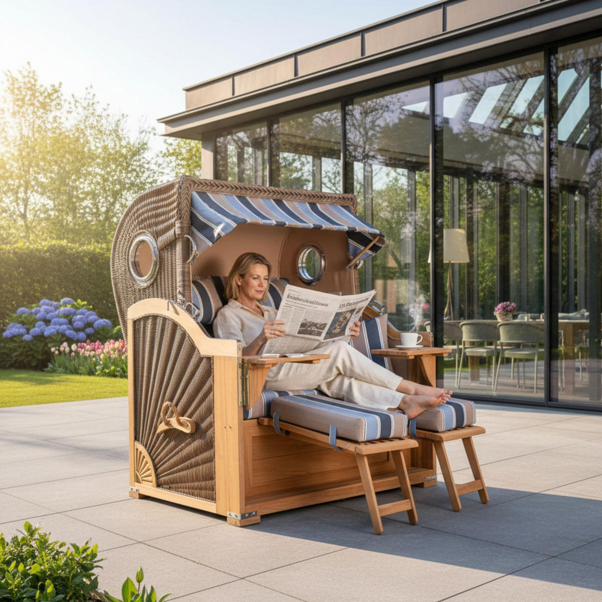 STRANDKORB Baltikum Teak 2,5 Sitzer - Blau/Braun, Holz/Metall (142/170/95cm) - Mr. Deko