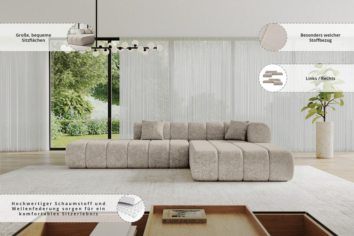 ROHOVÁ SEDAČKA s otomanem, pravá BILA-L 289x176x71 Béžová Žinylka - černá/šampaňská, kompozitní dřevo/textil (289/176cm) - ALTDECOR
