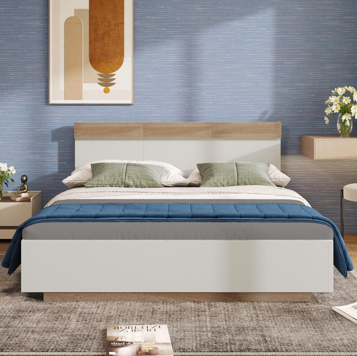 DOPPELBETT 180/200 cm mit Kopfteil und Lattenrost in Schwebeoptik aus werkstoff, Sonoma-Eiche/Weiß - Weiß, Holzwerkstoff (180/200cm) - Redom