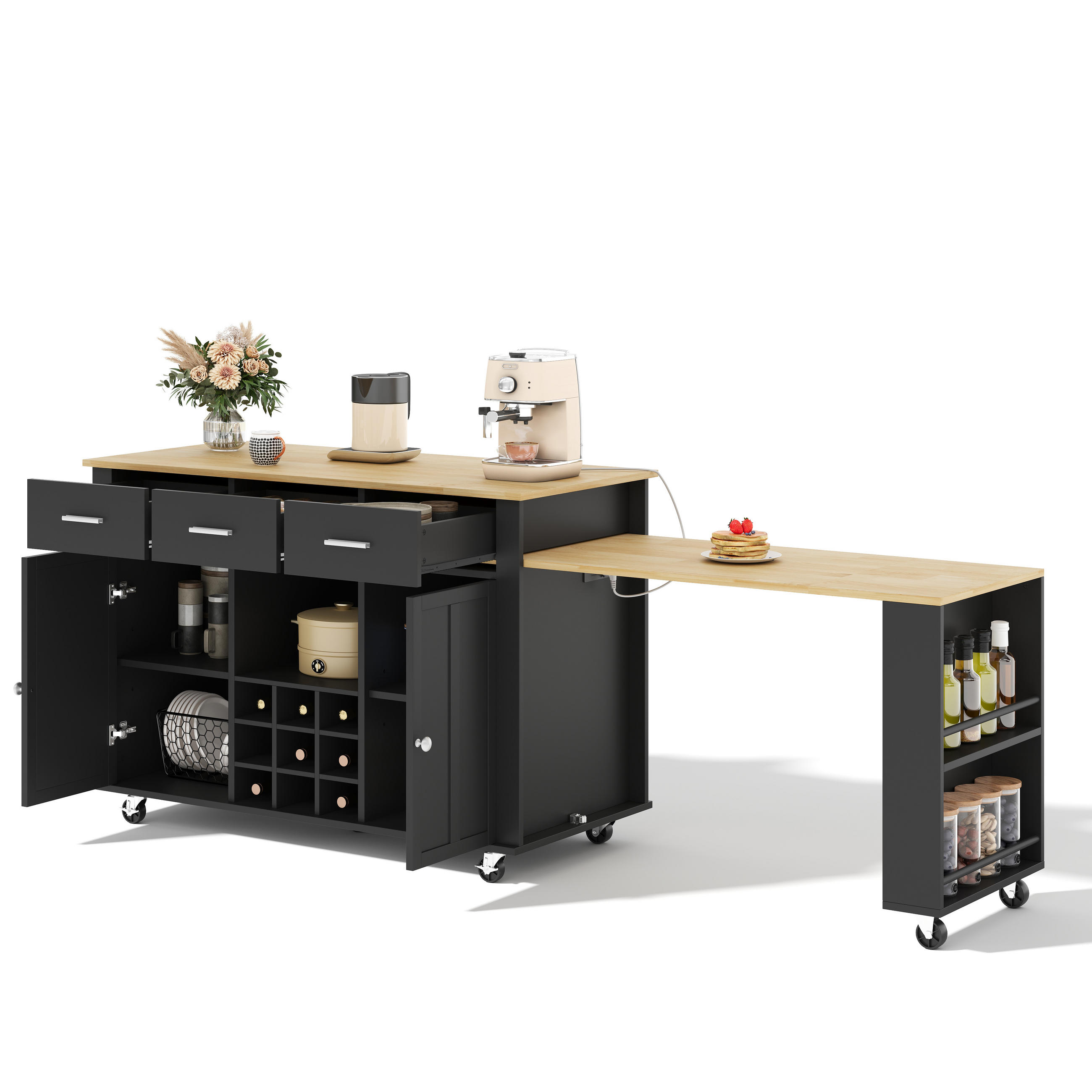 KÜCHENINSEL 93 cm MDF Schwarz Natur mit Ausziehbarer Arbeitsplatte und Weinregal - Schwarz, Holzwerkstoff (50/93/136cm) - Korfee