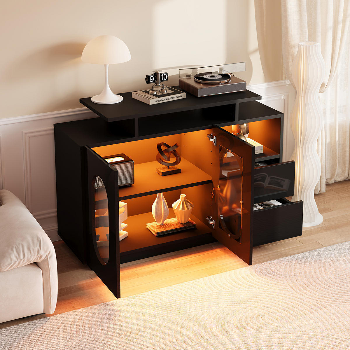 SIDEBOARD in Schwarz LED-Kommode, Hochglanzfront, mit LED Stauraum als Vitrine/Anrichte/Minibar Wohnräume B120/T40/H80cm - Schwarz, Holzwerkstoff/Metall (120/80/40cm) - STILVORA