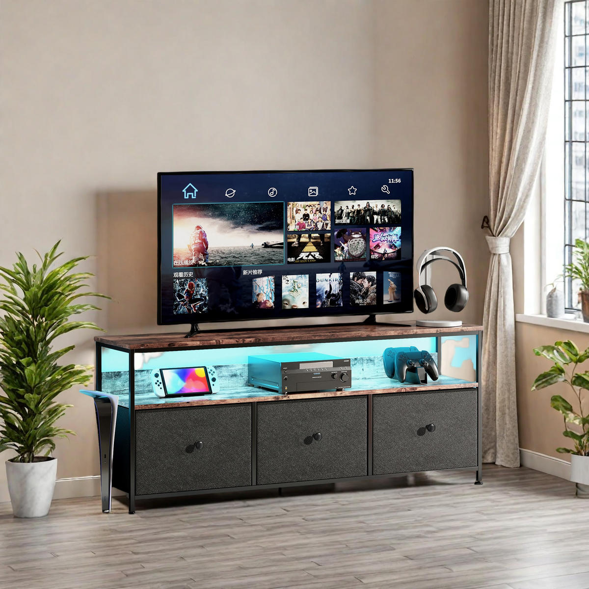 TV STÄNDER SCHWARZ HÖHENVERSTELLBAR MIT SCHUBLADEN - Schwarz, Holzwerkstoff (29.8/57/108cm) - SHOPENTRA