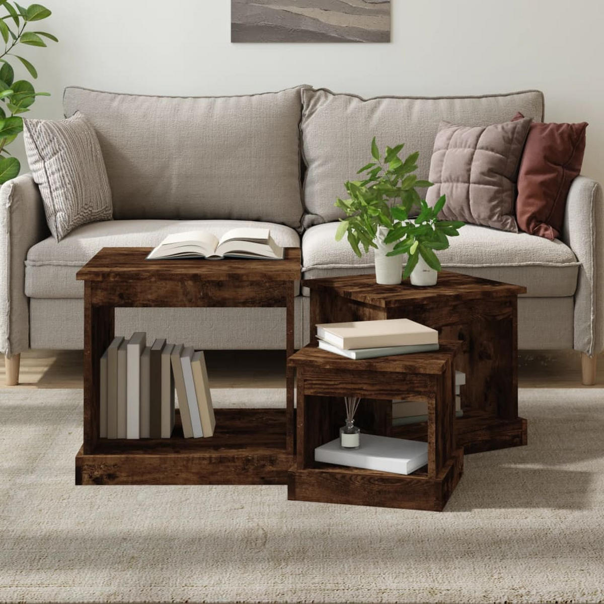 COUCHTISCHE 3 Stk. Räuchereiche Holzwerkstoff - Braun, Holzwerkstoff (48/45/45cm) - furnicato