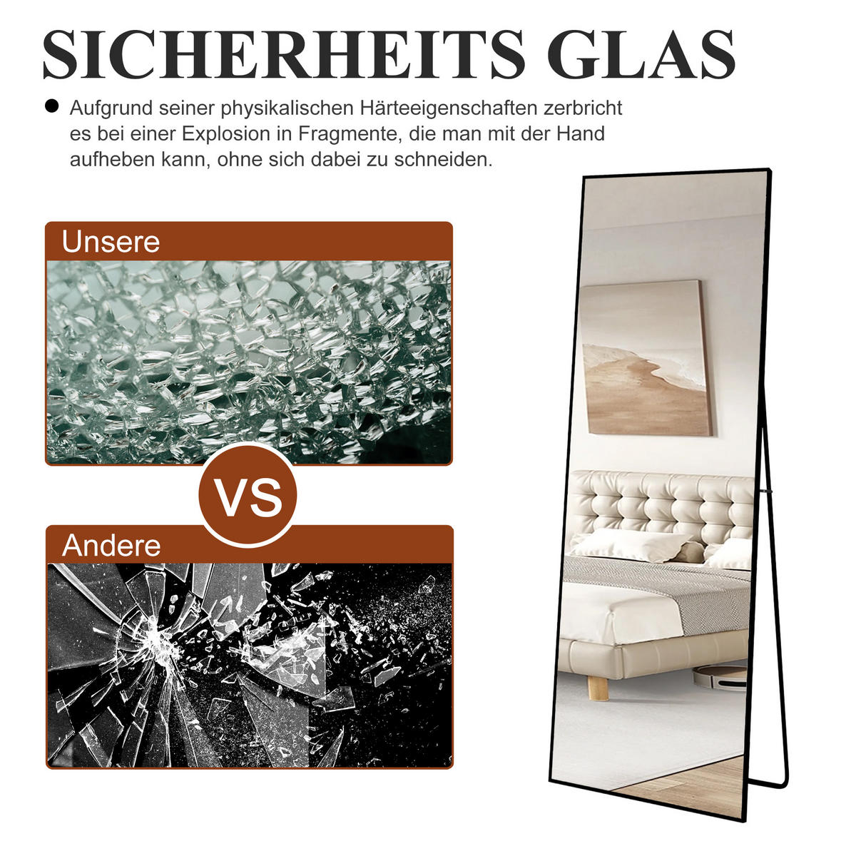 STANDSPIEGEL 177x77 cm Metallrahmen rechteckig schwarz - Schwarz, Holz (77/177/3cm) - LEBENLANG