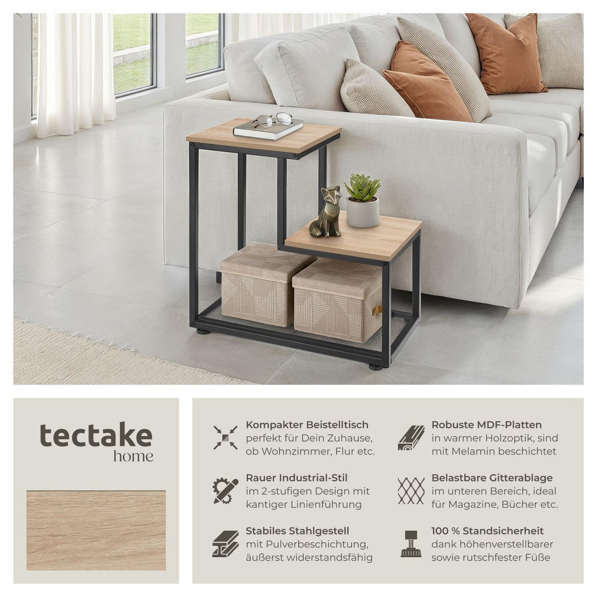 BEISTELLTISCH Halifax,60,5 x 35,5 x 60,5 cm,Industrial Holz hell, Eiche Sonoma - Naturfarben, Holz (60.5/35.5/60.5cm) - tectake