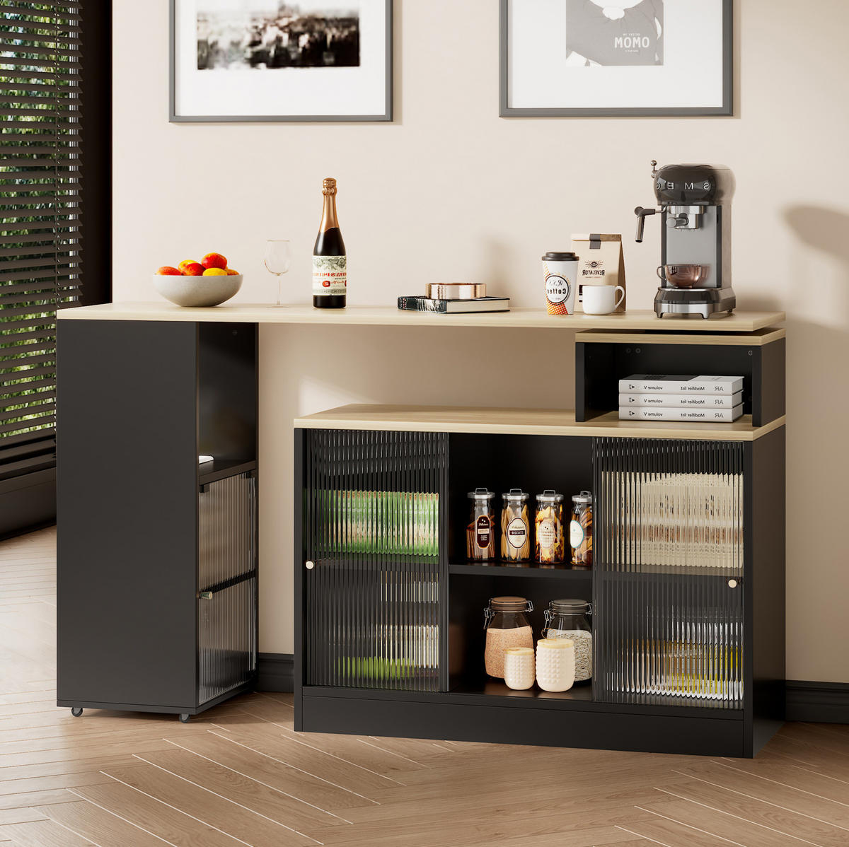 MULTIFUNKTIONALER Kücheninsel 155x40x90cm Schwarz aus MDF/Glas mit Schiebetüren - Schwarz, Holzwerkstoff (155/90/40cm) - Modfu