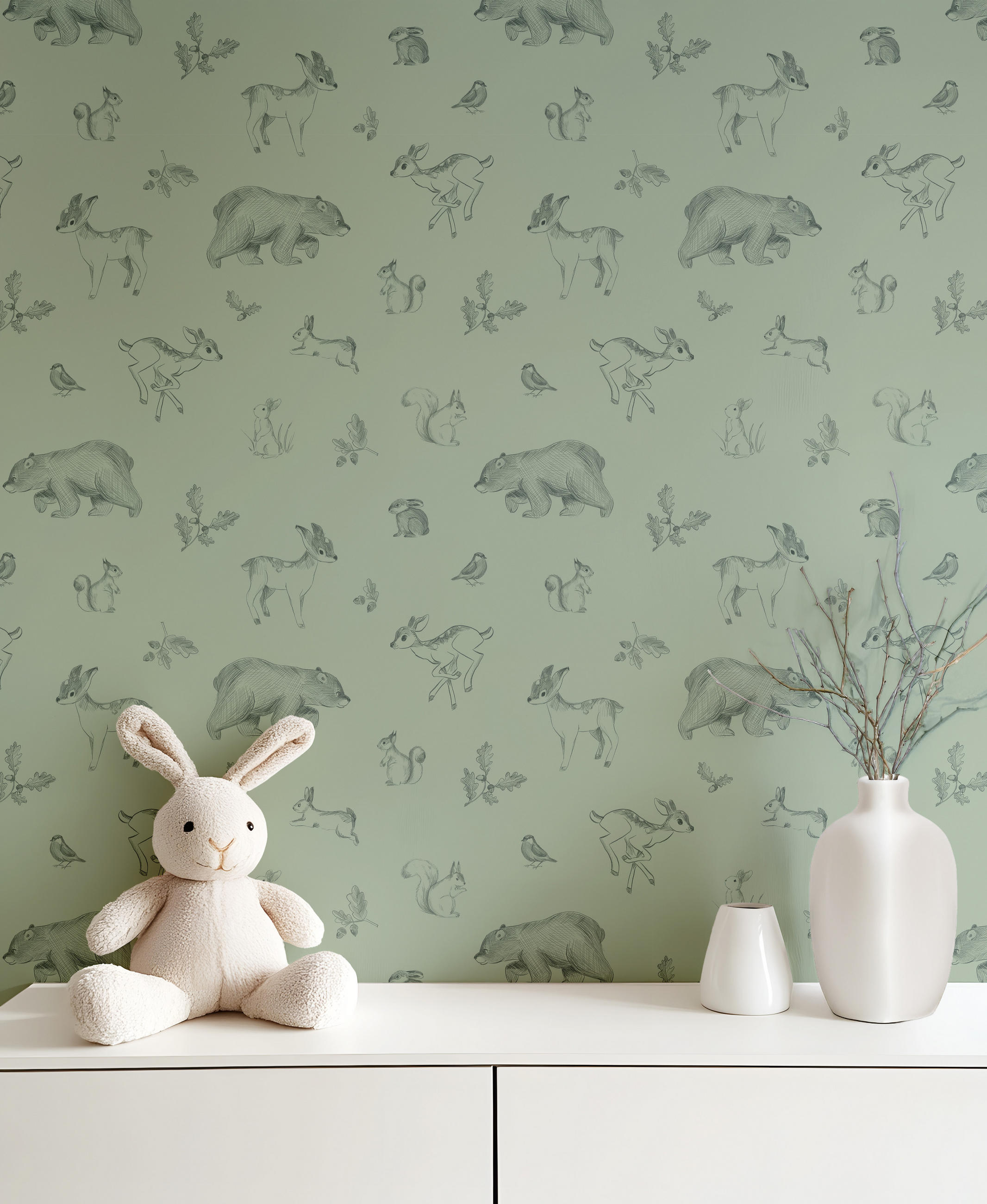 VLIESTAPETE Natural, Waldtiere 50 cm x 10 m Salbeigrün - Salbeigrün/Grün, Papier (1000/50cm) - Lilipinso