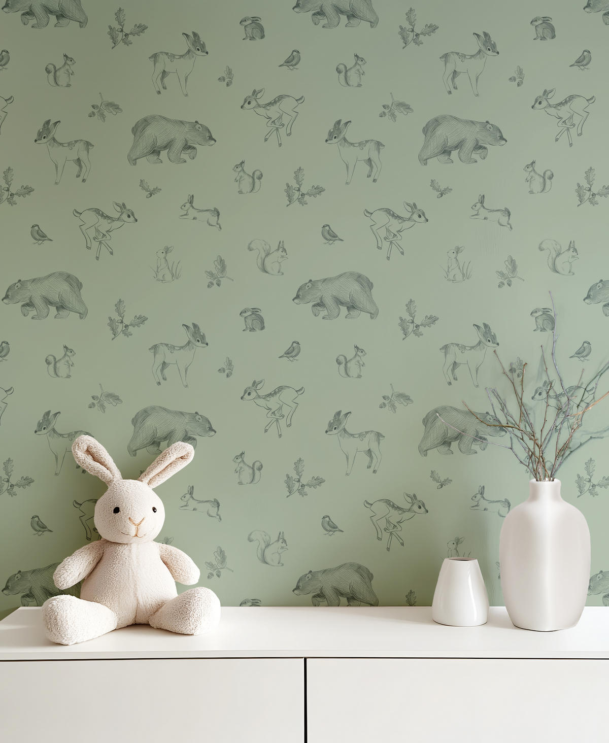 VLIESTAPETE Natural, Waldtiere 50 cm x 10 m Salbeigrün - Salbeigrün/Grün, Papier (1000/50cm) - Lilipinso