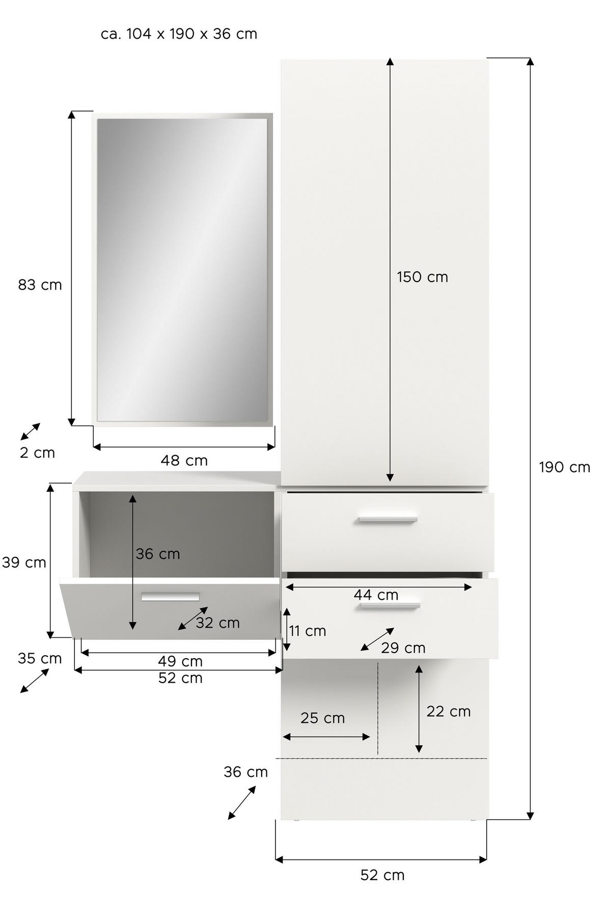 GARDEROBEN-SET VAGA 3-tlg. (B/H/T: ca. 104/190/36 cm) in weiß/weiß - Weiß, Holzwerkstoff (104/190/36cm)