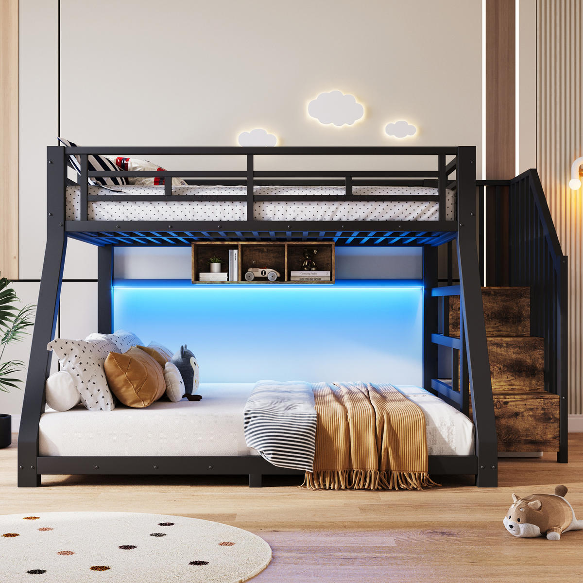 ETAGENBETT 90/200 cm & 140/200 cm in Schwarz mit LED und 3 Staufächern - Schwarz, Holzwerkstoff/Metall (90/200cm) - WISHDOR