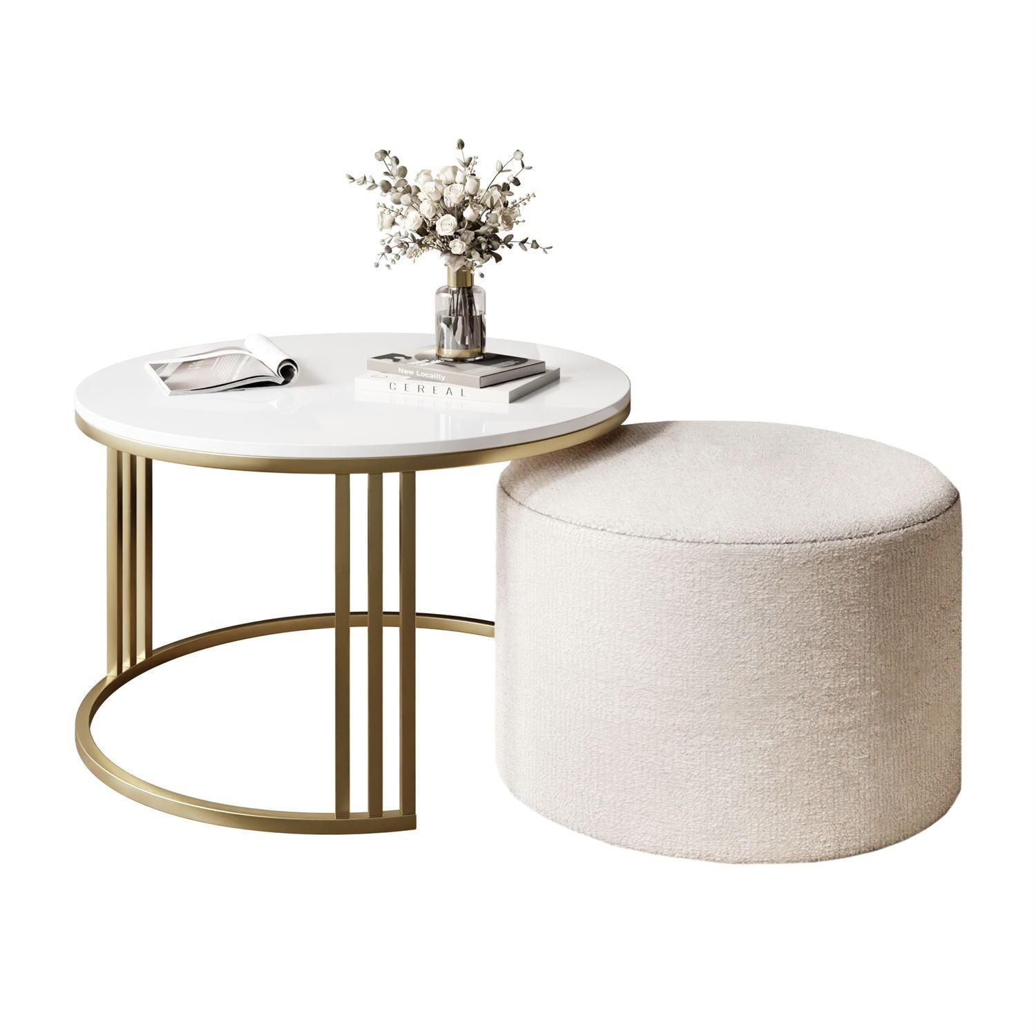 COUCHTISCH mit Hocker LORI Hochglanz gebürstetes Gold/weißer Glanz/Perfect Harmony 01 - Weiß, Metall (70/70/49cm) - Lookway