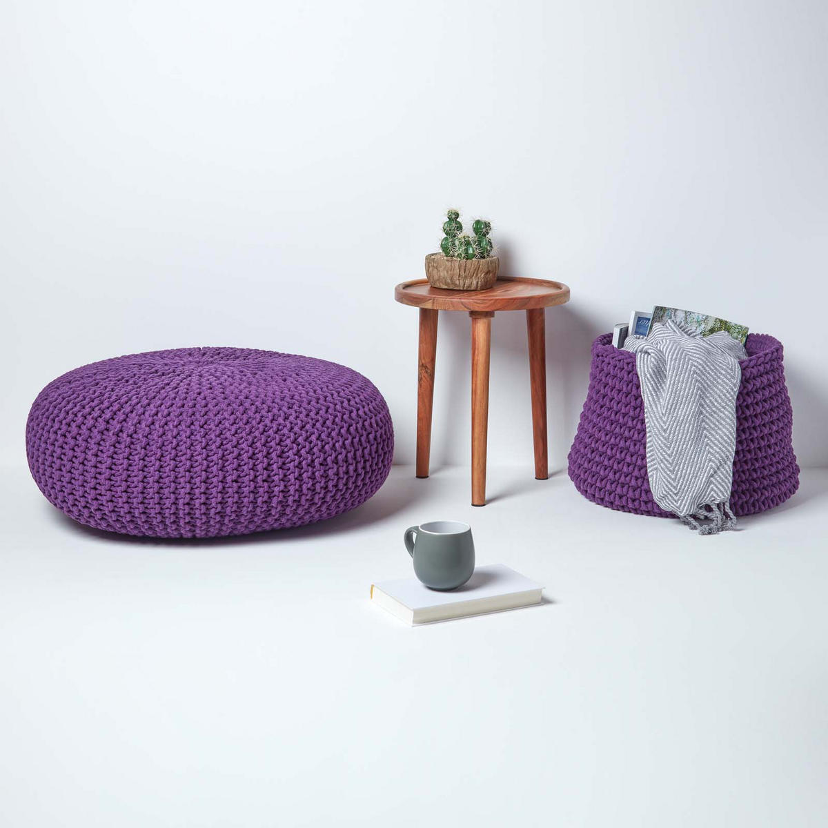 STRICK-POUF lila, Bodenkissen rund 70/70/23 cm - Violett, Textil (70/23/70cm) - Homescapes