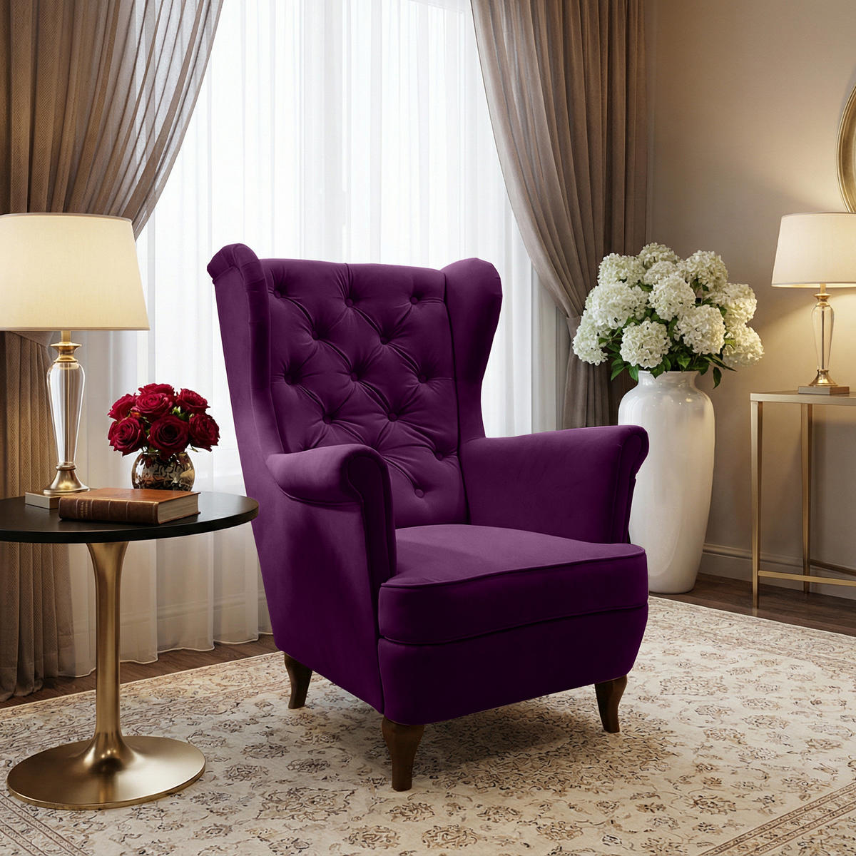 CHESTERFIELD-SESSEL Falco violett mit Holzbeinen - Wengefarben/Violett, Holz/Textil (82/102/92cm) - Beautysofa