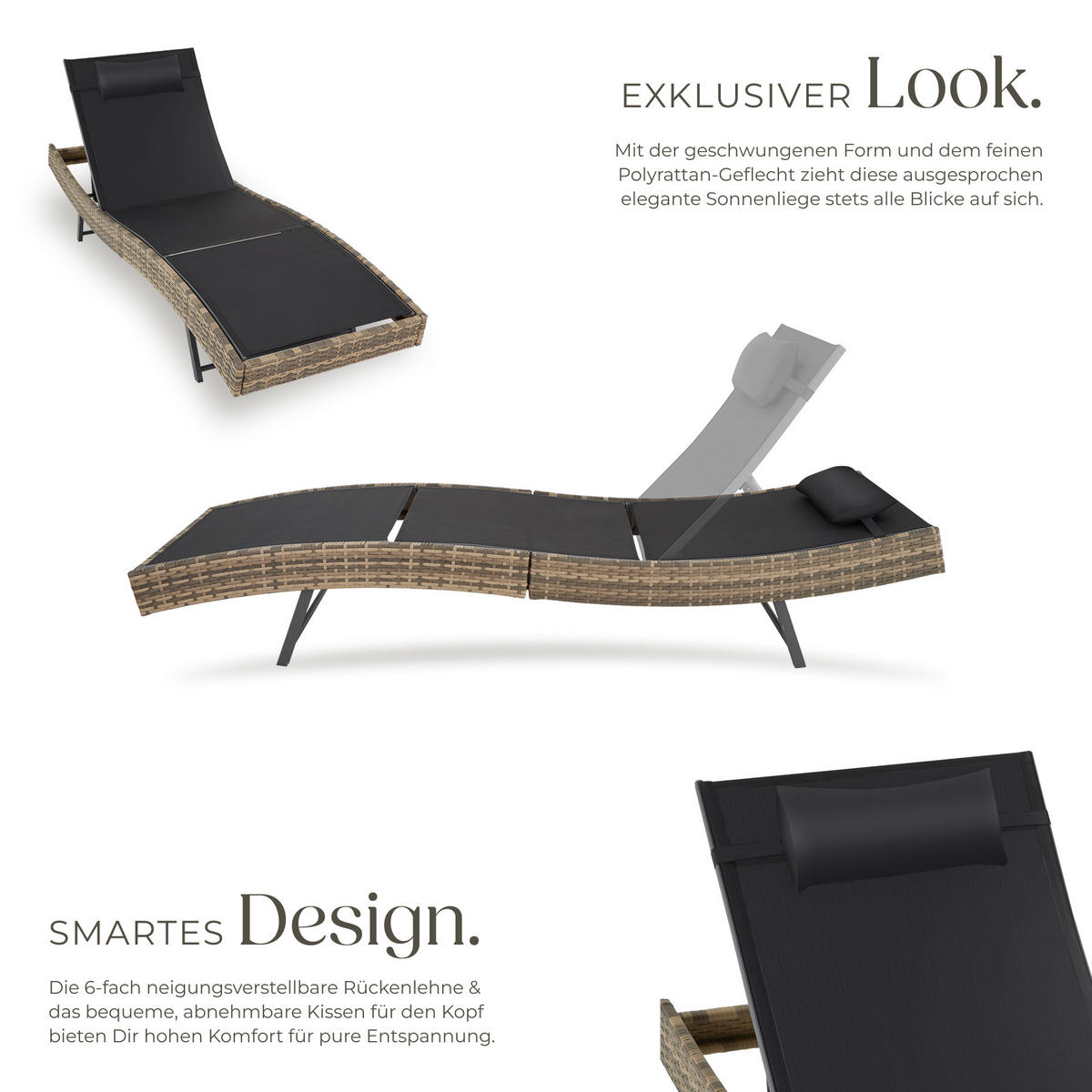 RATTAN-SONNENLIEGE Moana,69 x 211 x 41 - 94 cm,natur - Naturfarben, Kunststoff (69/94/211cm) - tectake