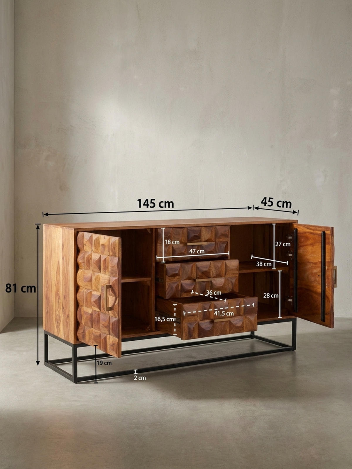 SIDEBOARD – Massivholz, 145x81x45 cm, Industrial-Stil, Metallgestell - Schwarz/Braun, Holz/Metall (145/81/45cm) - KADIMA DESIGN