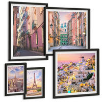 BILDER SET 5er Set - 50x50 cm & 20x30 cm & 40x60 cm Schwarzer Rahmen - New York Paris Oia Warschau Dämmerung - Schwarz, Kunststoff (40/60cm) - TULUP
