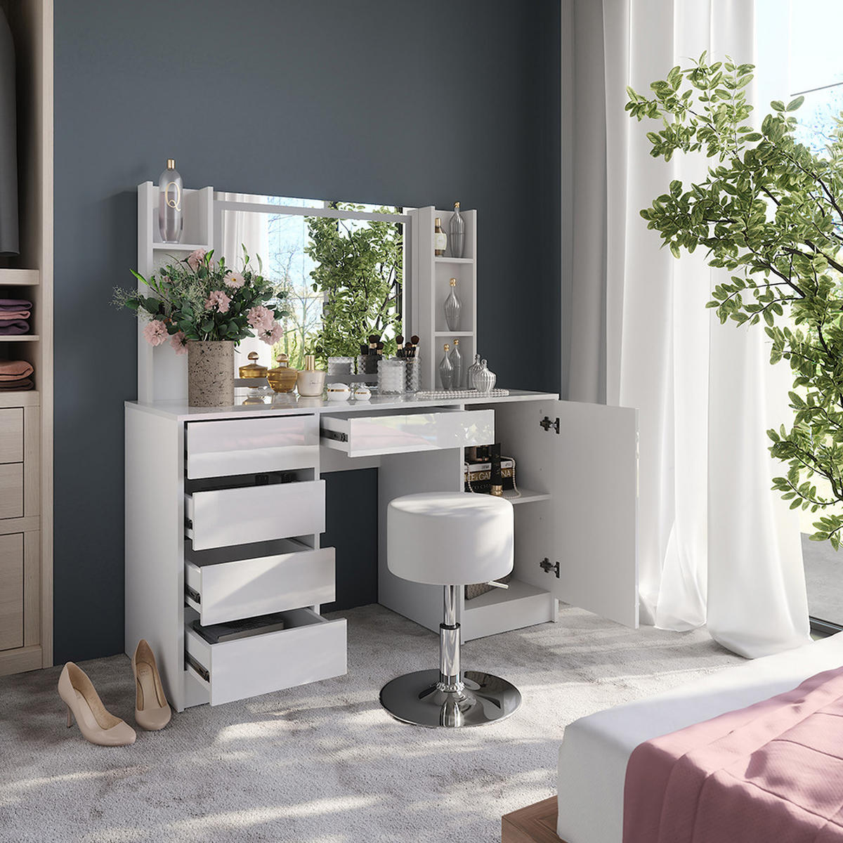 SCHMINKTISCH Sherry Weiß/Weiß Hochglanz 128.2 cm 5 Teile - Weiß Hochglanz, Holzwerkstoff (128.2/76/50.1cm) - Vicco