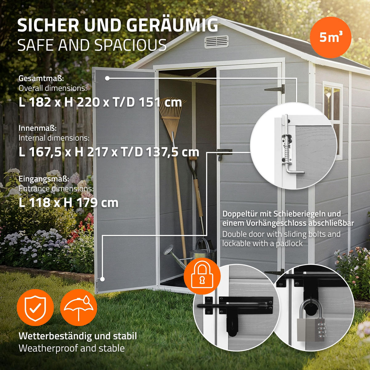 ZAHRADNÍ DOMEK z plastu s podlahou 5 m³ 151 x 182 x 220 cm světle šedý - světle šedá, plast (182/220/151cm) - ECD-Germany