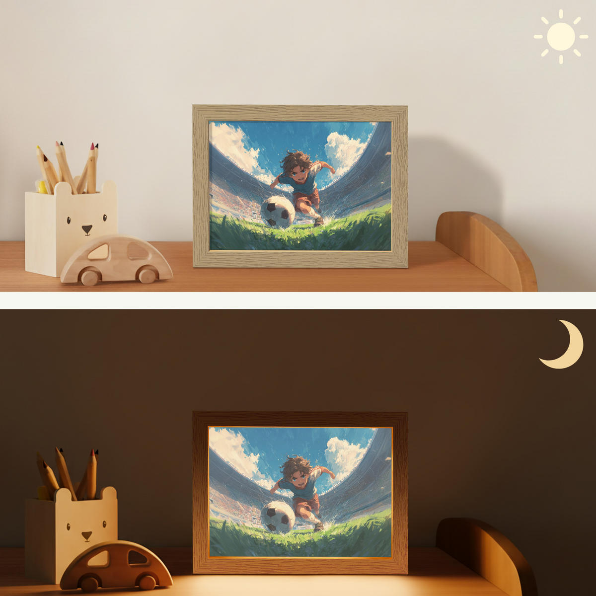 NACHTTISCHLAMPE Stadion - Fußballer - Ball 20x15 cm - Blau, Holzwerkstoff (8/20/15cm)