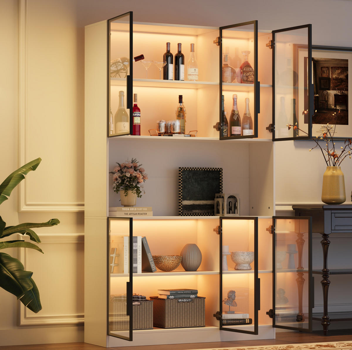 VITRINE 120/34/200 cm aus MDF und Glas mit 6 Türen, LED-Beleuchtung und Soft-Close, Weiß - Weiß, Holzwerkstoff (120/200/34cm) - Redom