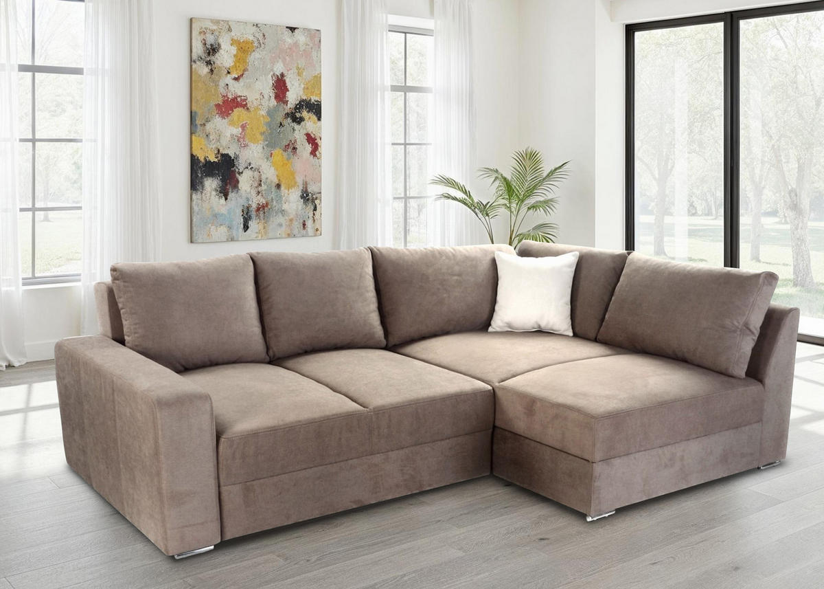 ECKSOFA-DAUERSCHLÄFER Boxspring Federkern Topper Bettkasten, seitenverkehrt montierbar B260/T181/H88 cm, Mikrofaser in Hellbraun / 15108 - Hellbraun/Chromfarben, Textil/Metall (260/181cm) - luma-home