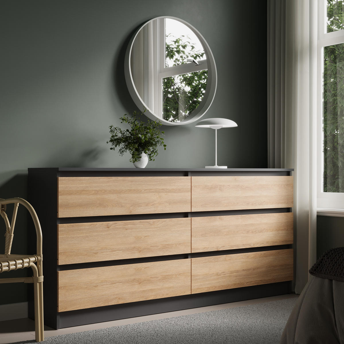 KOMODA šířka 160 cm, 6 zásuvek, antracitová – dub Artisan - antracitová/barva dubu, kompozitní dřevo (160/78/35cm) - Home Collective