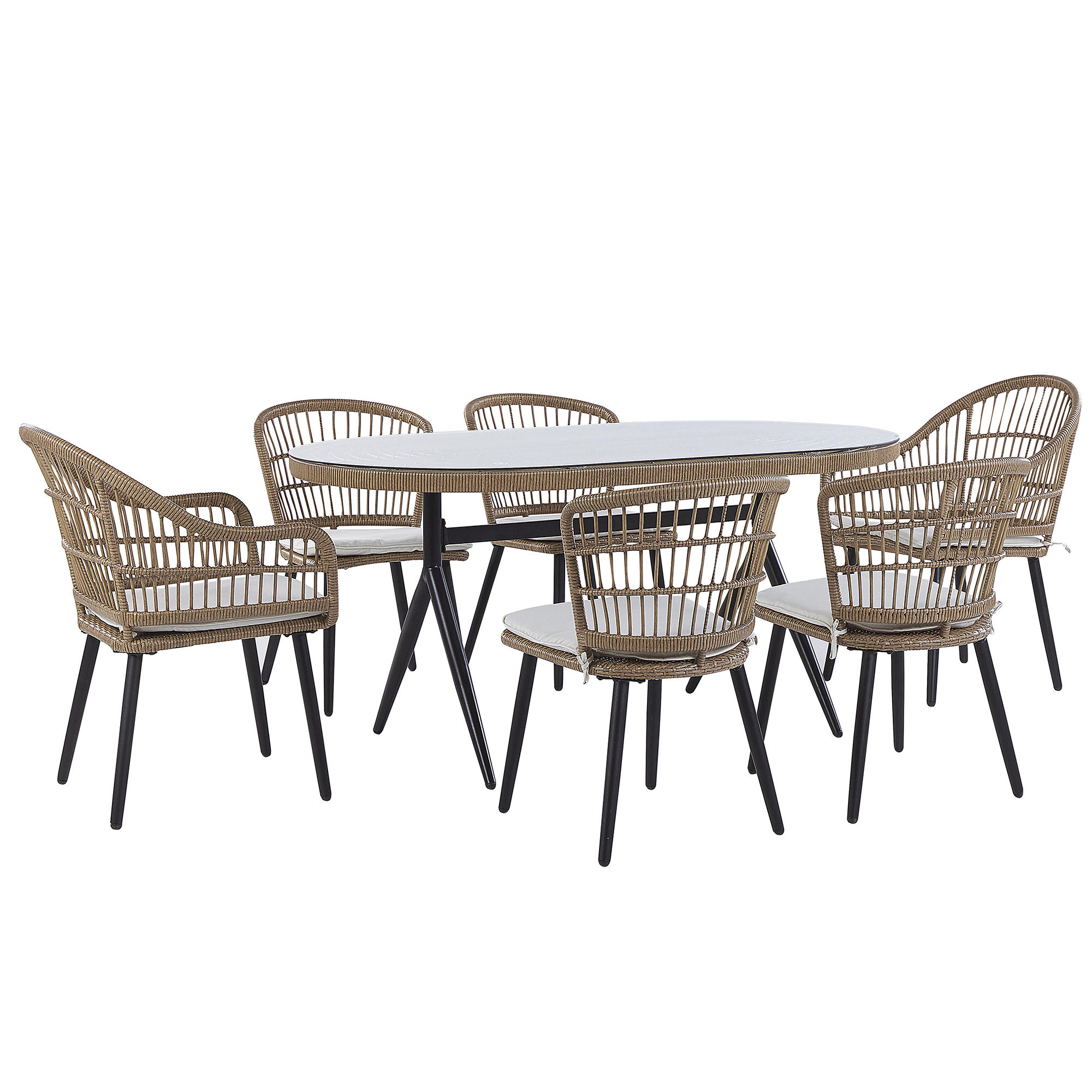 GARTENMÖBEL SET 6-Sitzer Rattan natürlich Auflagen beige Aliano II - Beige/Schwarz, Kunststoff - Beliani