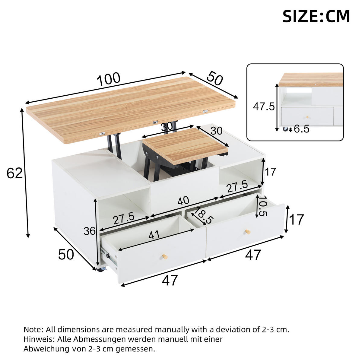 COUCHTISCH 100/50/47,5 cm höhenverstellbar mit Klappfunktion und 4 Schubladen - Naturfarben, Holzwerkstoff (100/50/47.5cm) - Flora Grace