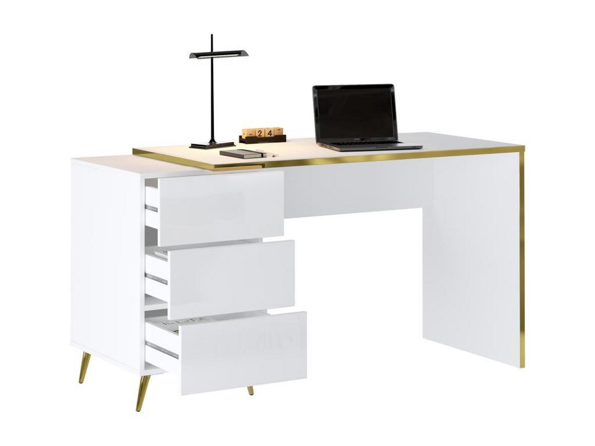 SCHREIBTISCH mit Schubladen - Weiß glänzend & Goldfarben - MARZIALO - Weiß, Holz (142.4/59/75.6cm) - Vente-Unique