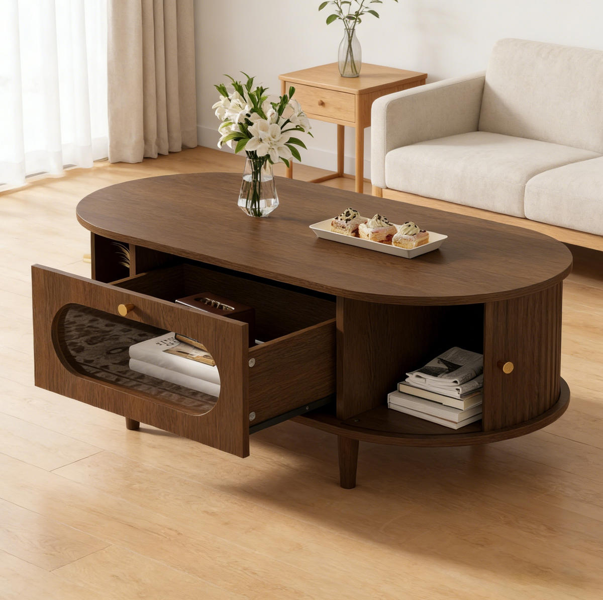 COUCHTISCH in Naturfarben Sofatisch mit Schublade und Rolltür, Sofa- und Beistelltisch mit 4 Stützbeinen, B100/T50/H36cm - Naturfarben, Glas/Holzwerkstoff (50/100/36cm) - STILVORA