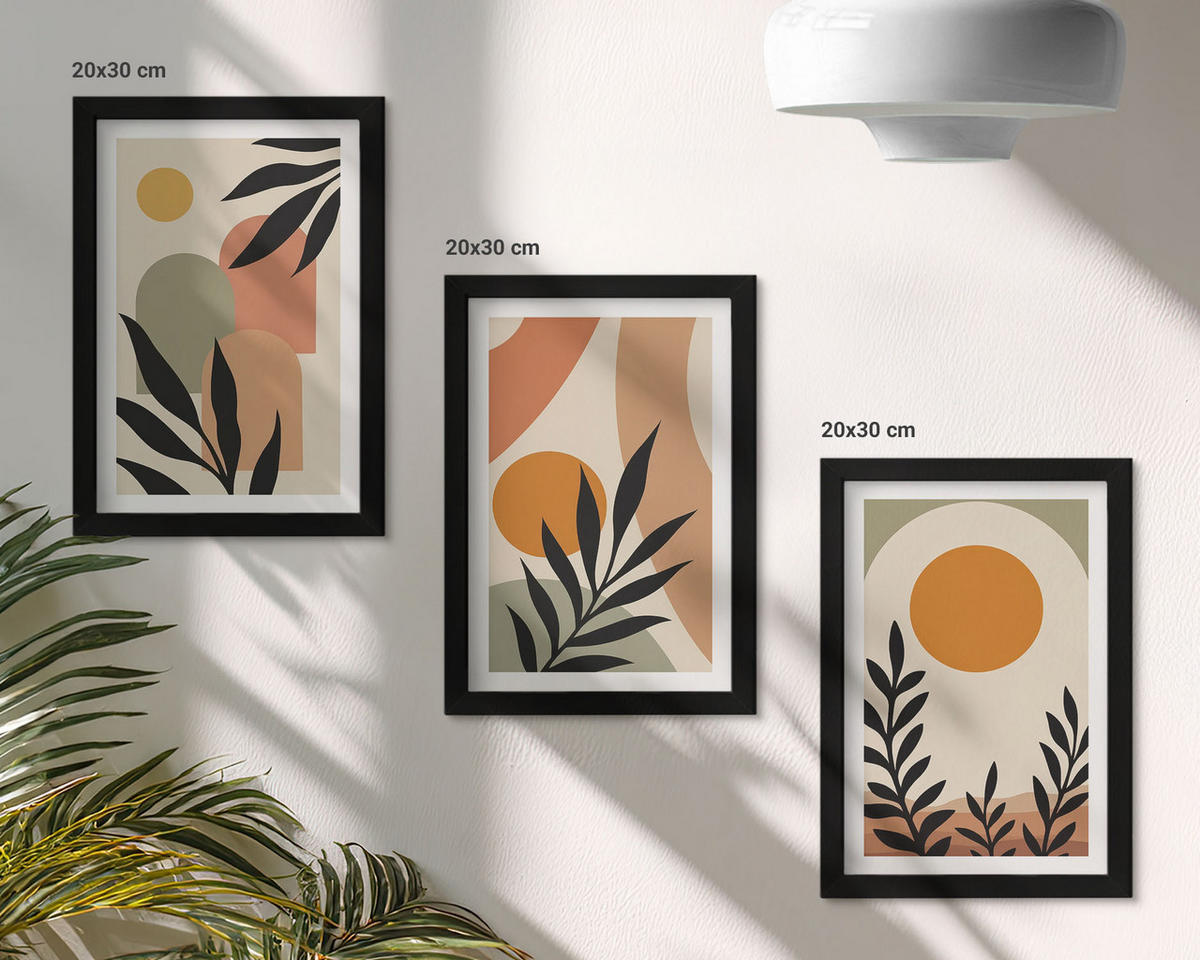 WANDBILDER 3er-Set - 20x30 cm Schwarzer Rahmen - Abstrakte Pflanzenformen - Schwarz, Kunststoff (20/30cm) - ArtPrintCave