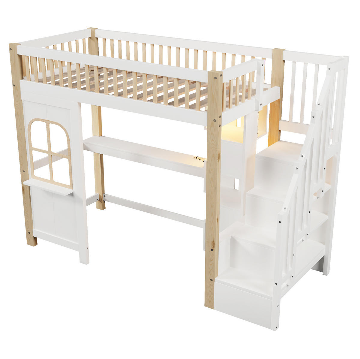 HOCHBETT 90/200 cm mit LED-Leuchten und Schreibtisch in Weiß und Natur mit Matratze - Weiß, Holzwerkstoff (140/200cm) - OKWISH