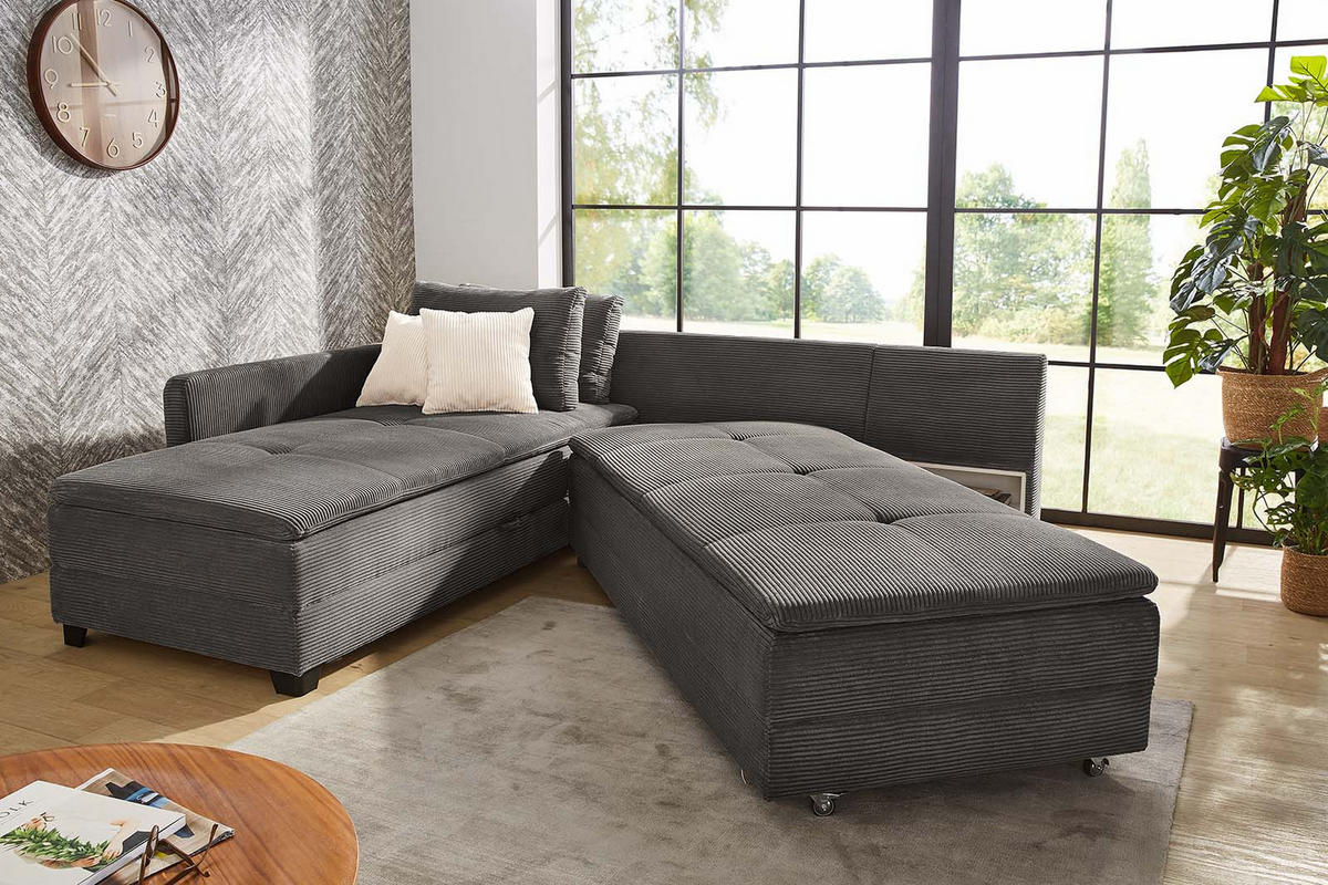 ECKSOFA-DAUERSCHLÄFER Doppelbett Boxspring Federkern Topper, seitenverkehrt montierbar B306/T223/H95 cm, Cord Grau Anthrazit / 15163 - Anthrazit/Schwarz, Kunststoff/Textil (306/223cm) - luma-home