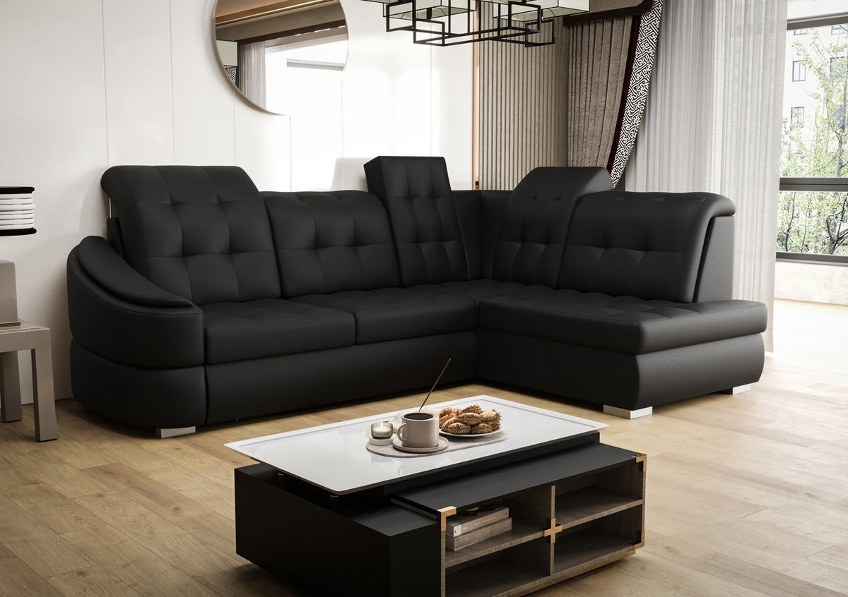 ECKSOFA KONGO RBN09, Eckcouch in L-Form mit Schlaffunktion, Farbe: Schwarz, Kunstleder, Ottomane Rechts - Schwarz, Textil (260/180cm) - O-Sofa