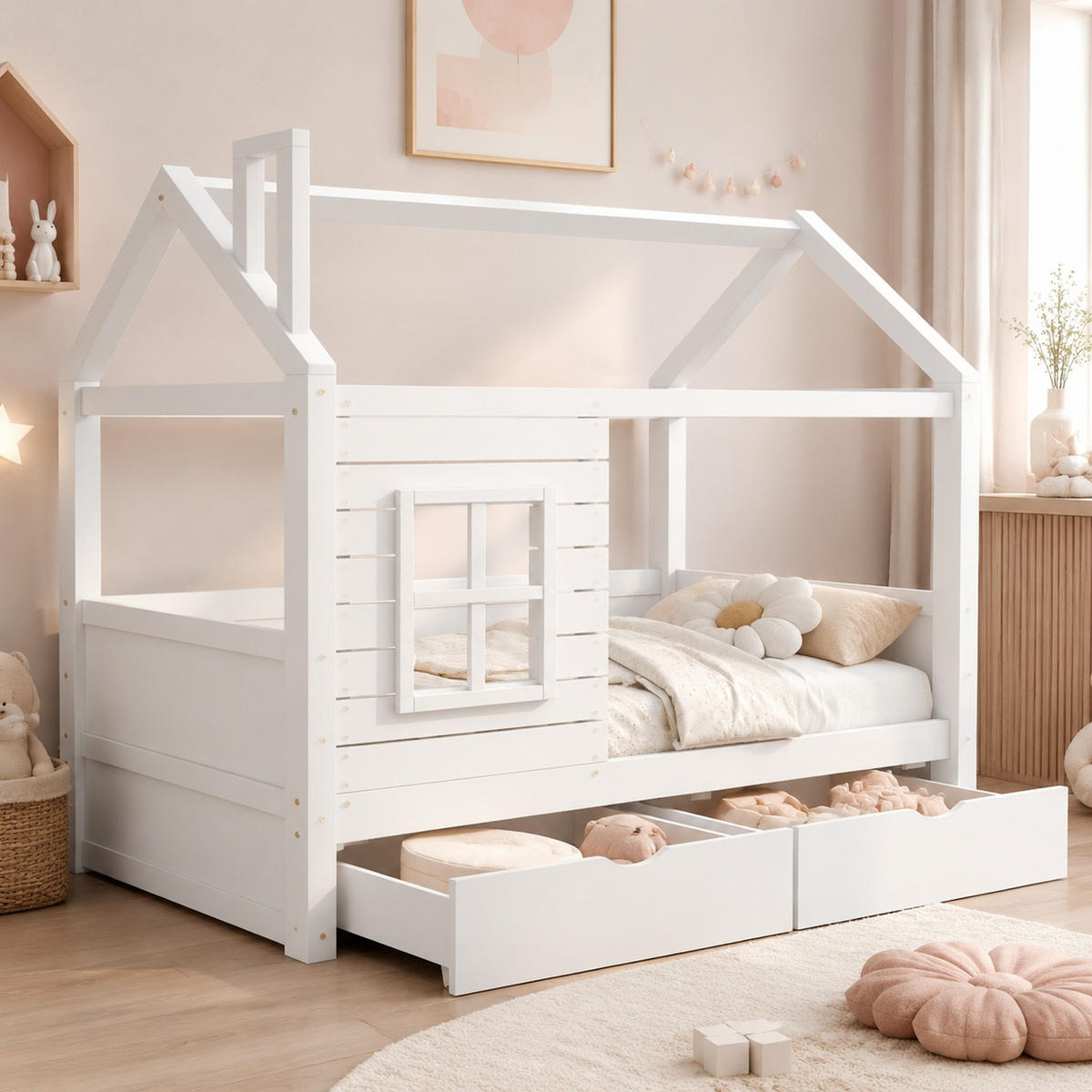 KINDERBETT 90/200 mit Rausfallschutz, 2 Bettkästen und Fenster in Weiß - Weiß, Holzwerkstoff (90/200cm) - EVRYAE