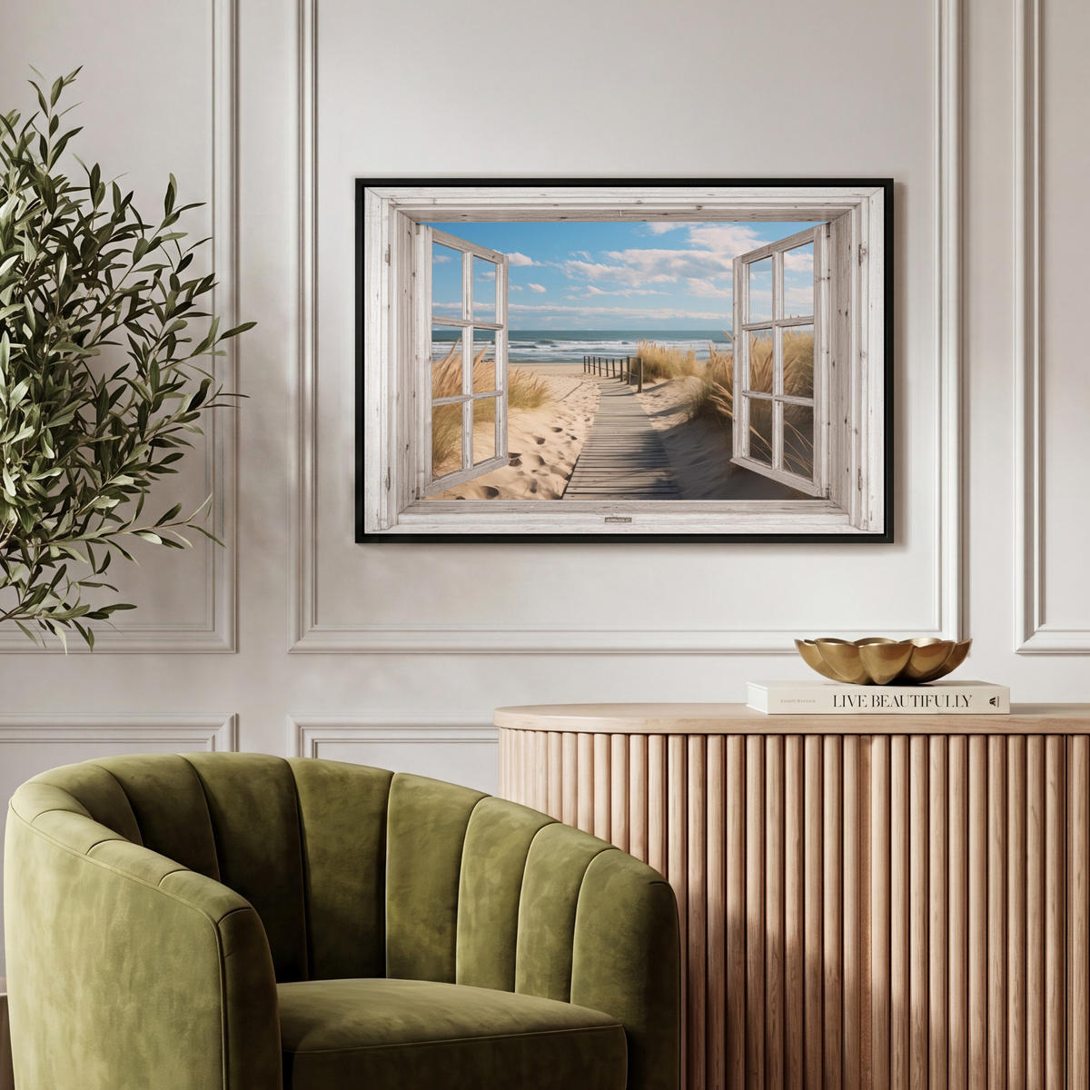 LEINWAND Bilder mit Rahmen - Fenster - Meer - Küste - Natur - Ausblick - Strand - Wattenmeer - 60x40 - Beige, Textil (60/40cm) - MuchoWow