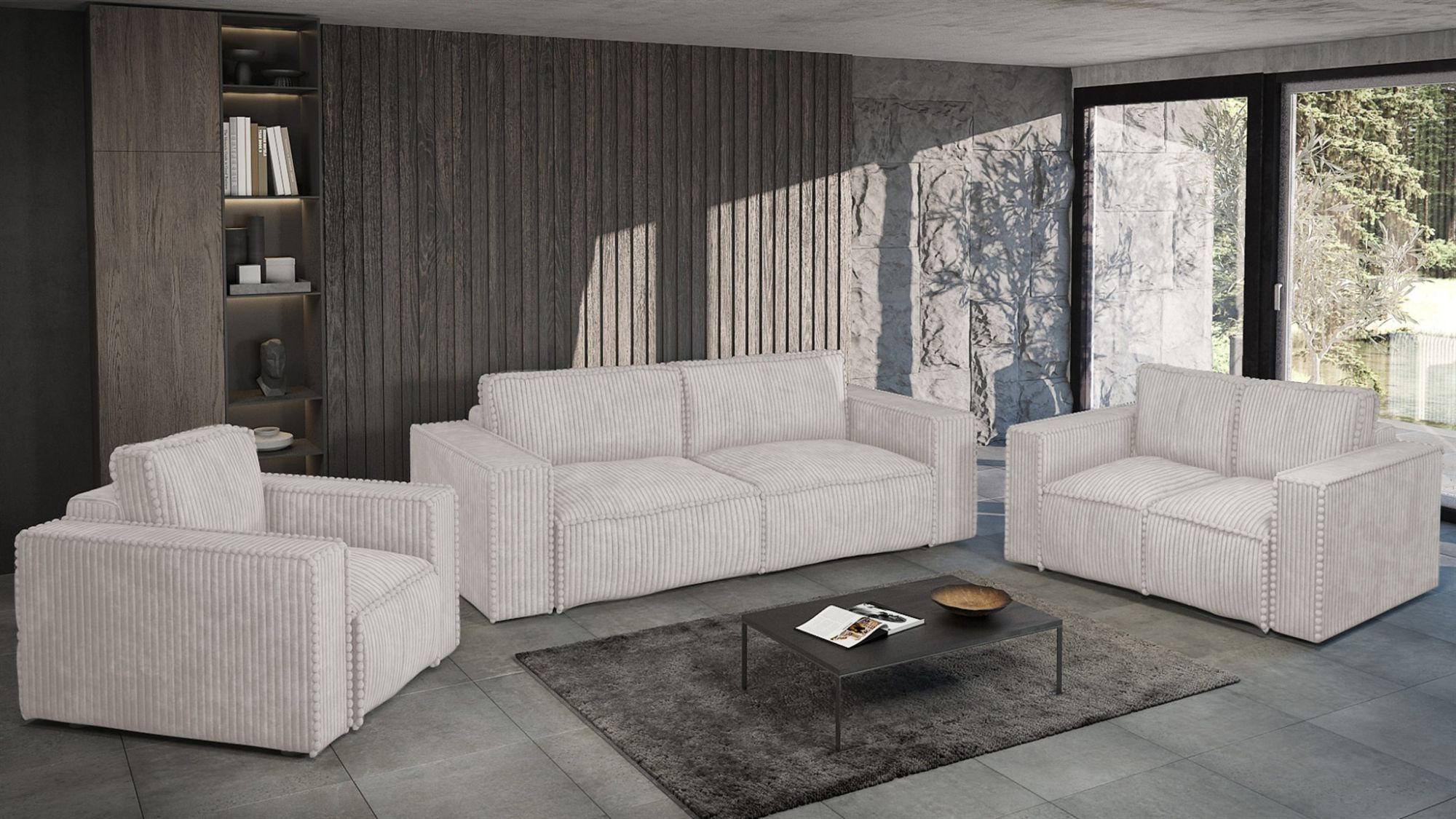 SOFASET Vajana 3-2-1 - Creme, Holzwerkstoff/Textil (240/86/102cm) - Fun Möbel