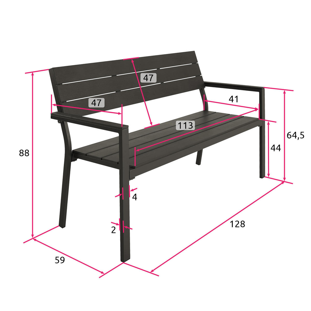 GARTENBANK Line,128 x 59 x 88 cm,dunkelgrau - Dunkelgrau, Metall (59/88/128cm) - tectake