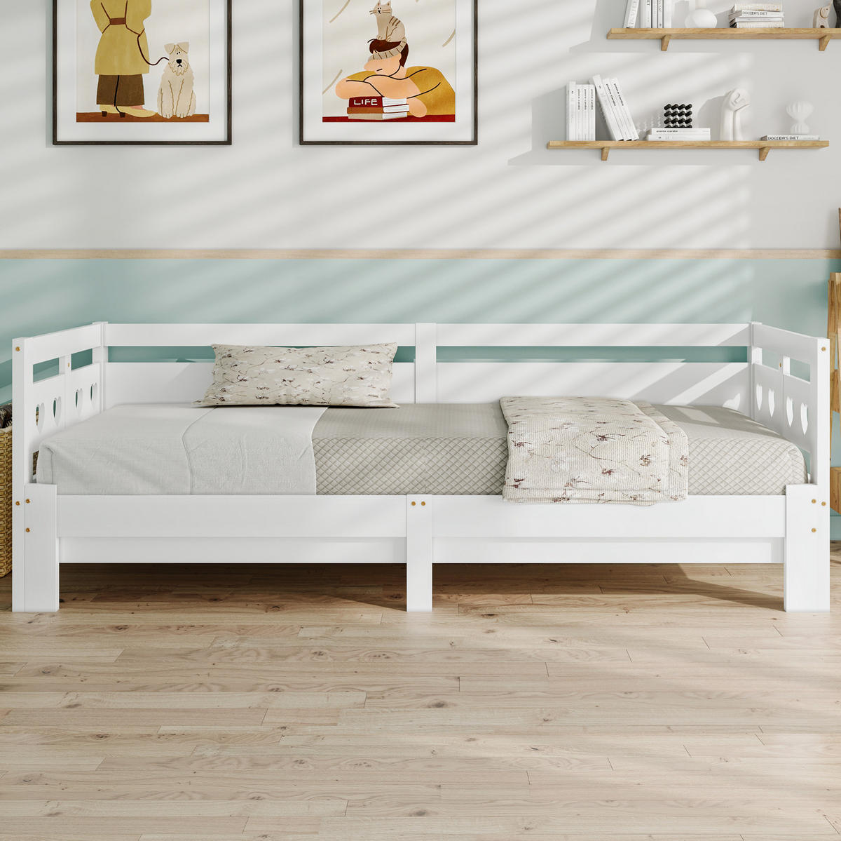BETT aus Kiefer 98-187x206x66 cm in Weiß mit Ausziehfunktion - Weiß, Holzwerkstoff (90/200cm) - Modfu