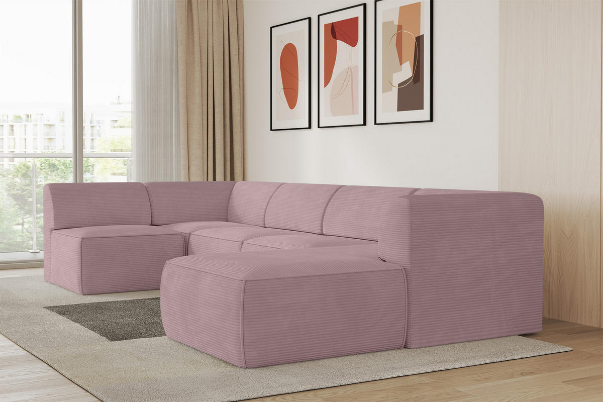 WOHNLANDSCHAFT Ottomane Rechts MOVO-L 345x180x78 cm Rosa Cord - Rosa, Holzwerkstoff/Kunststoff (180/78/345cm) - ALTDECOR