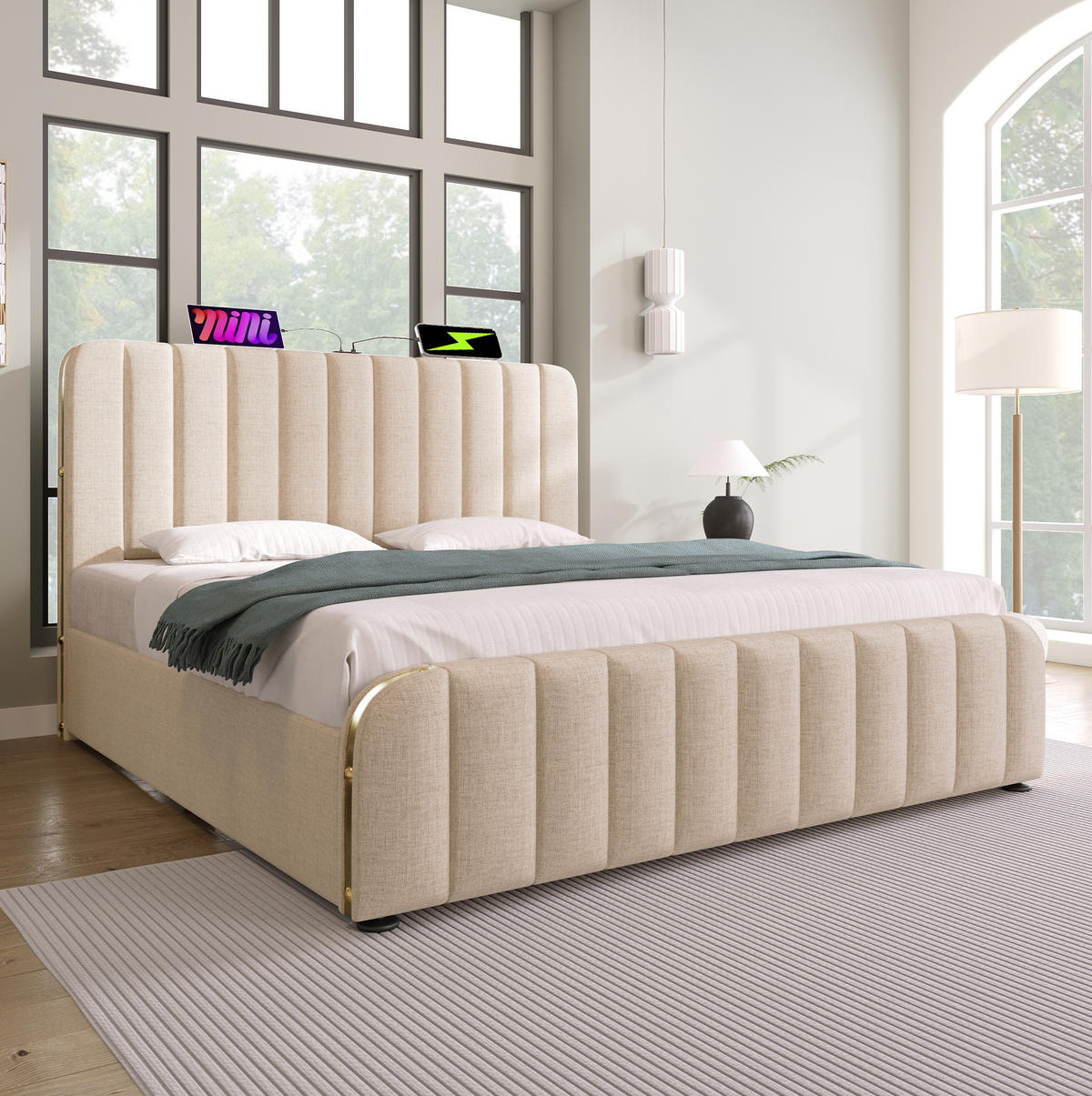 POLSTERBETT mit Stauraum und Matratze 140x200 cm Beige Leinen - Beige, Metall (140/200cm) - Meubliv