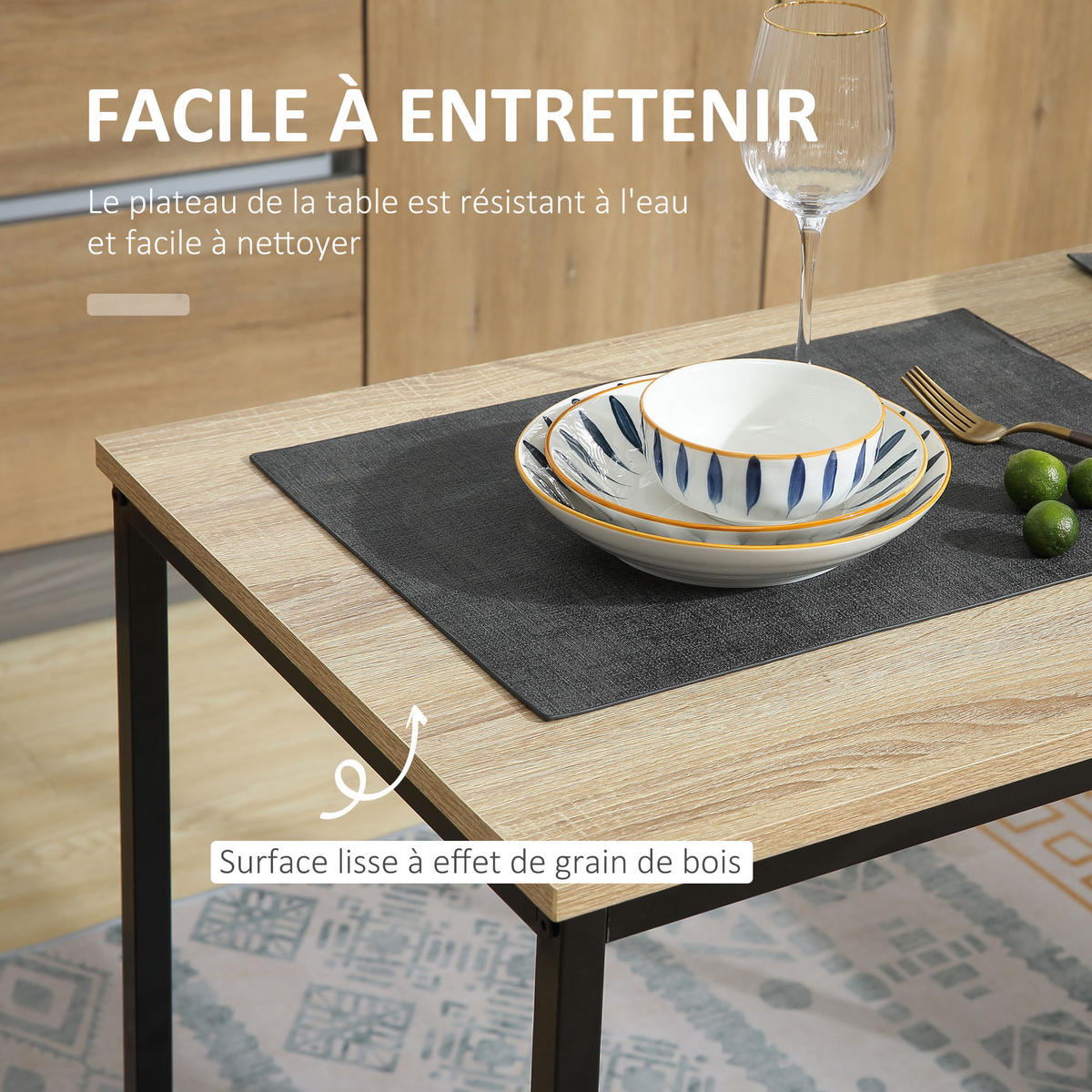 ESSGRUPPE mit Tisch und Stühlen – 1 Tisch + 2 stapelbare Stühle für die Küche – Schwarzes Metall mit heller Eichenholzoptik - Naturfarben, Kunststoff (90/76/47cm)