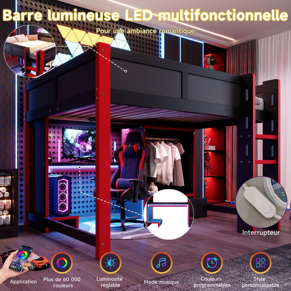 HOCHBETT 140x200 cm LED Schreibtisch Gaming schwarz rot - Schwarz, Holz (140/200cm) - LEBENLANG