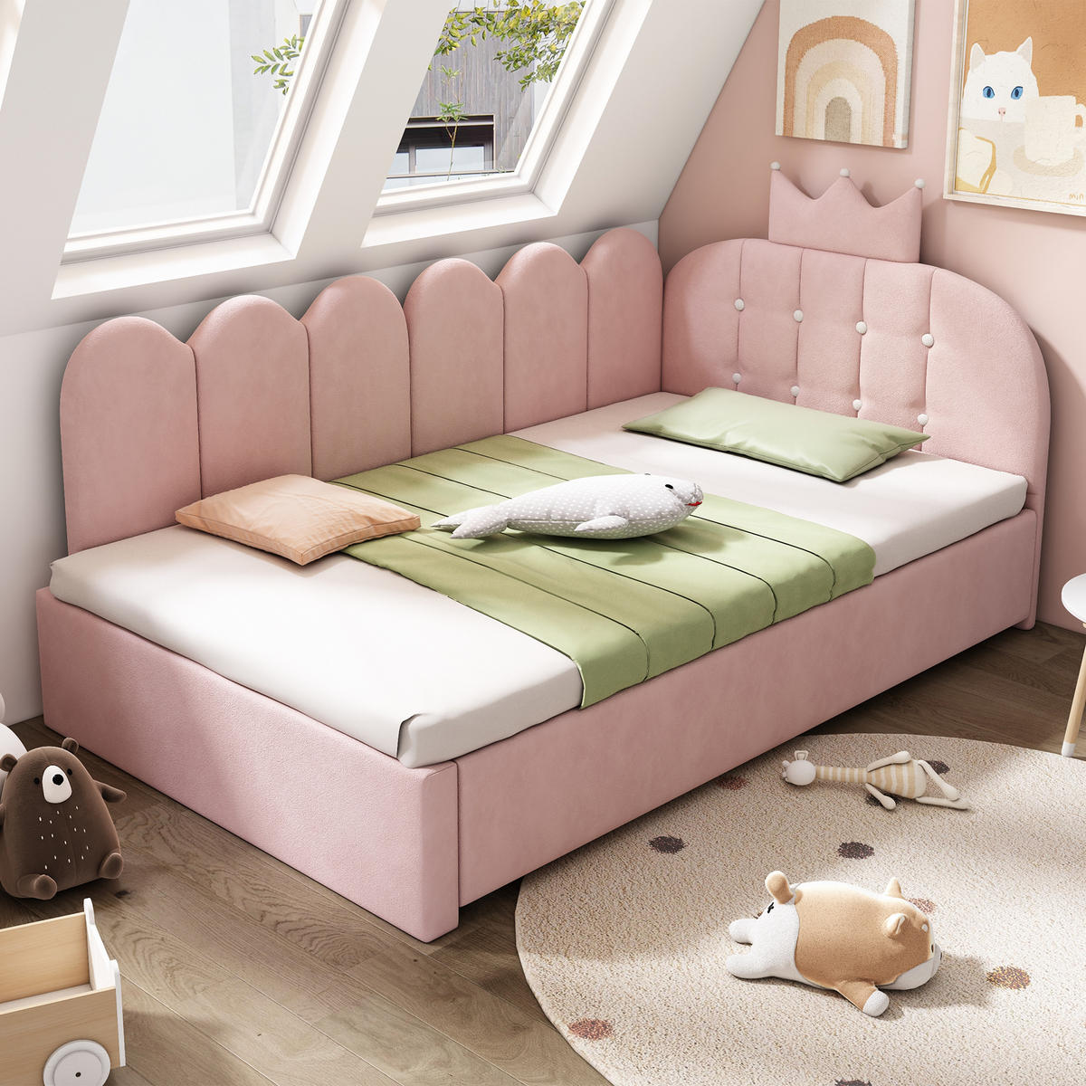 POLSTERBETT 90/200 cm mit Ausziehbett, Kronen- und Gitterdesign aus Samt, Rosa - Rosa, Textil (90/200cm) - Redom