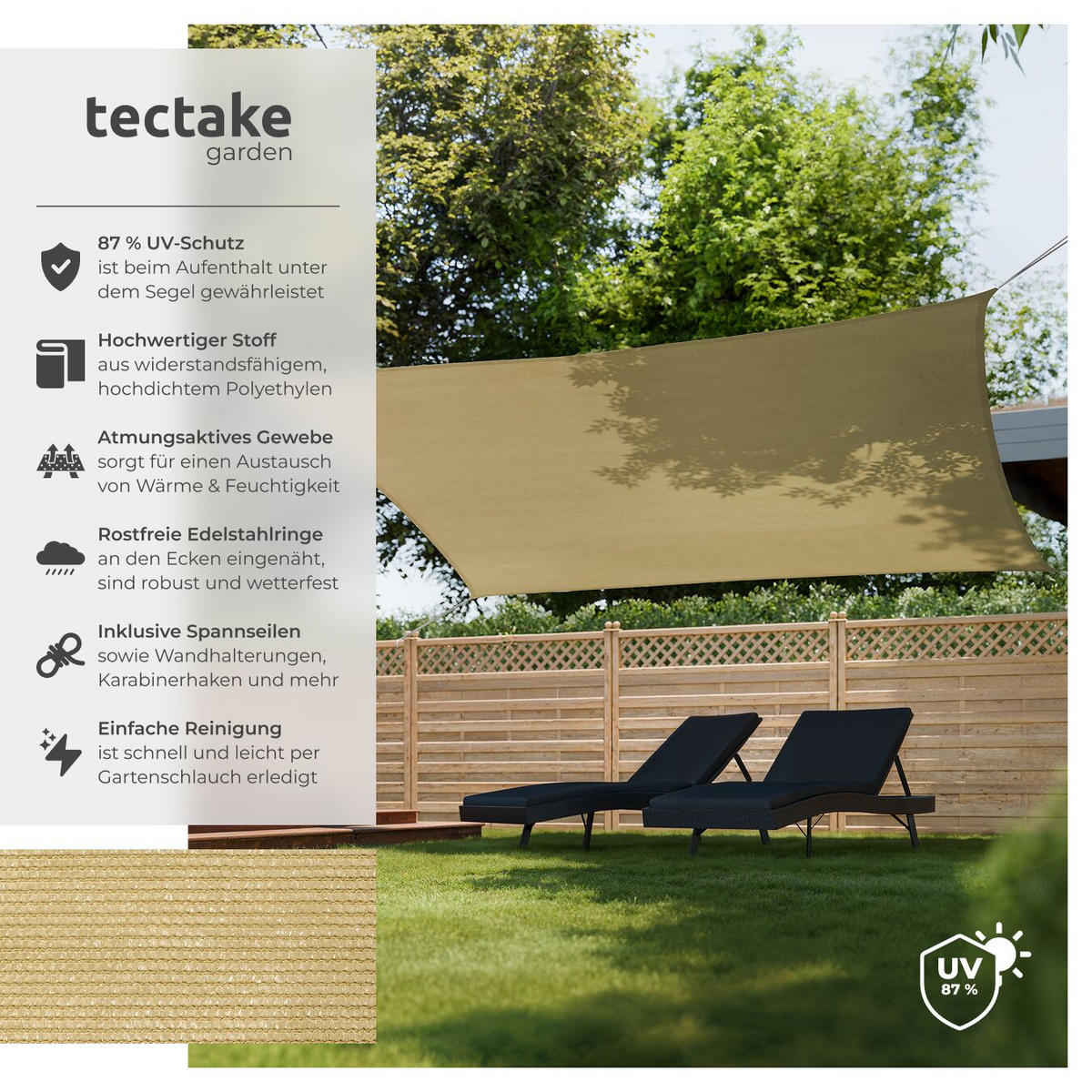 SONNENSEGEL Sunny,umfangreiches Montagematerial,Sand - Sandfarben, Kunststoff (600/400cm) - tectake