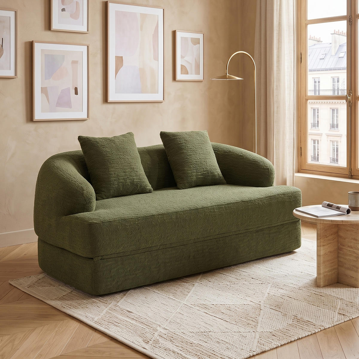 SCHLAFSOFA 2-in-1 Klappbett Grün Chenille 2-Sitzer mit Kissen - Grün, Textil (157/65/84cm) - Urban Meuble