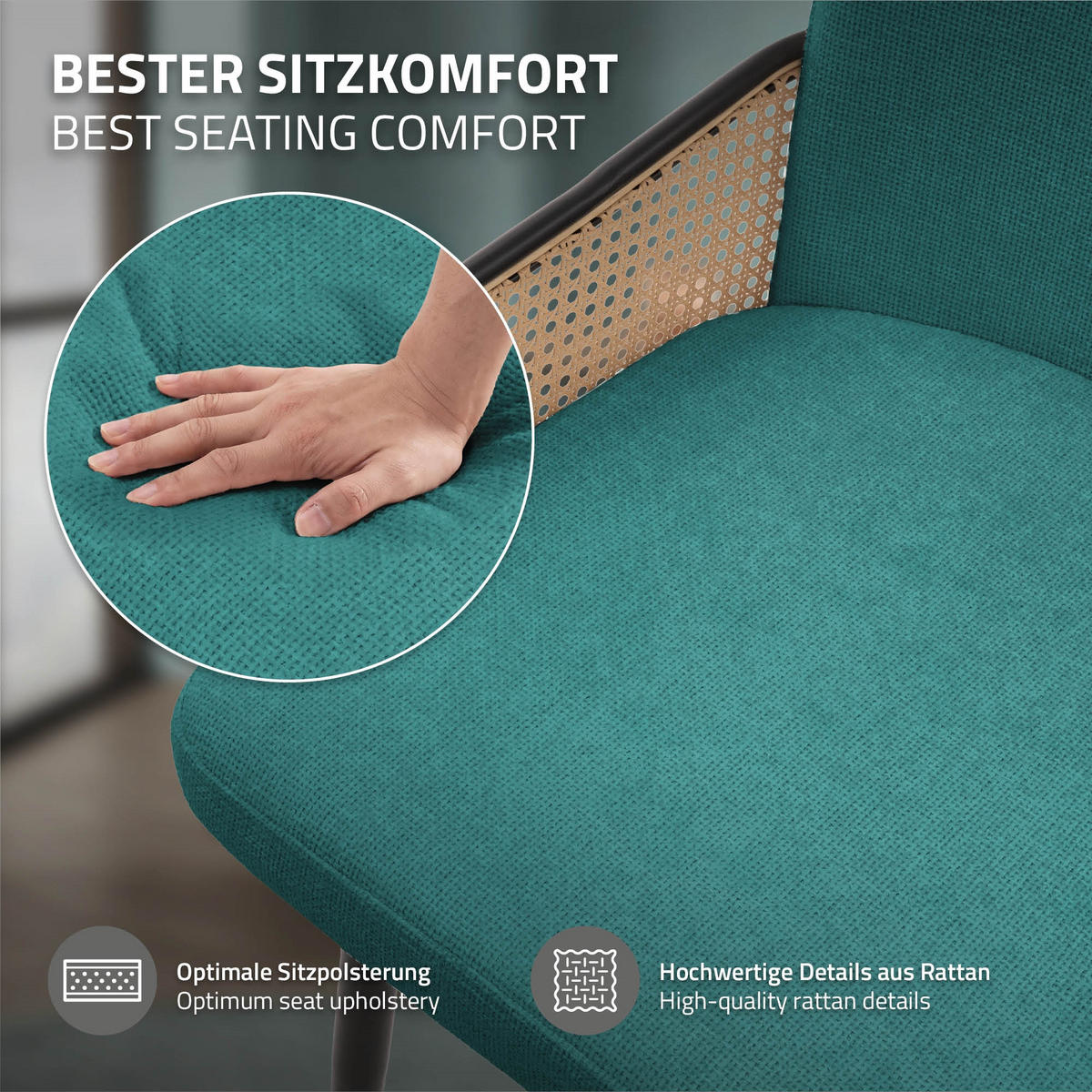 JÍDELNÍ ŽIDLE, sada 4 ks, petrolová barva, s látkovým potahem v ratanovém vzhledu - černá/petrolejová, kov/textil (51/91/61cm) - ML-DESIGN