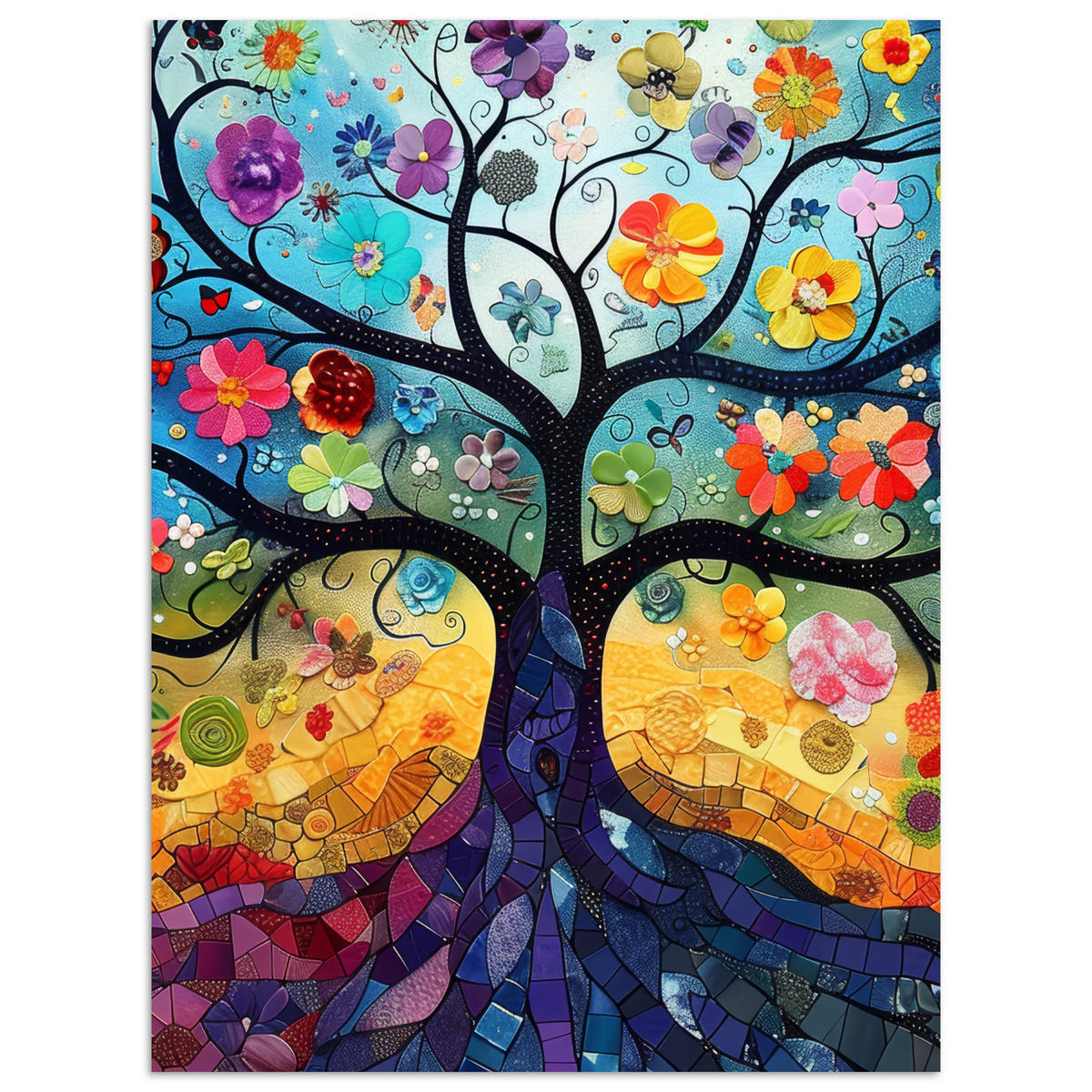 POSTER Kunst - Baum des Lebens - Blumen - Hippie 30x40 cm - Dunkelblau, Papier (30/40/0.1cm) - MuchoWow
