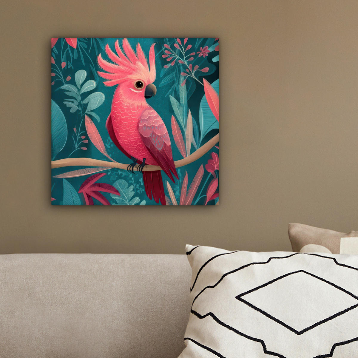 LEINWANDBILD Kakadu - Tropische Blätter - Zweig Deko Wohnzimmer 20x20 cm - Petrol, Textil (20/20cm) - MuchoWow