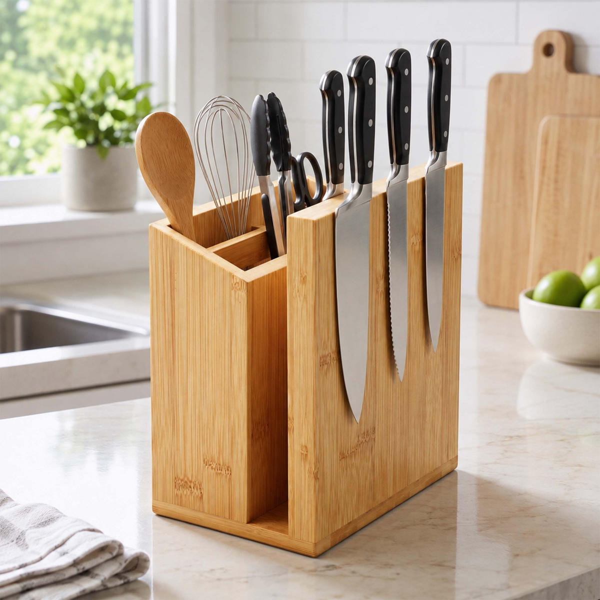 MESSERBLOCK Natur Bambus magnetisch mit Utensilienhalter 21,5 cm - Hellbraun, Holz (19/21.5/13cm) - Relaxdays